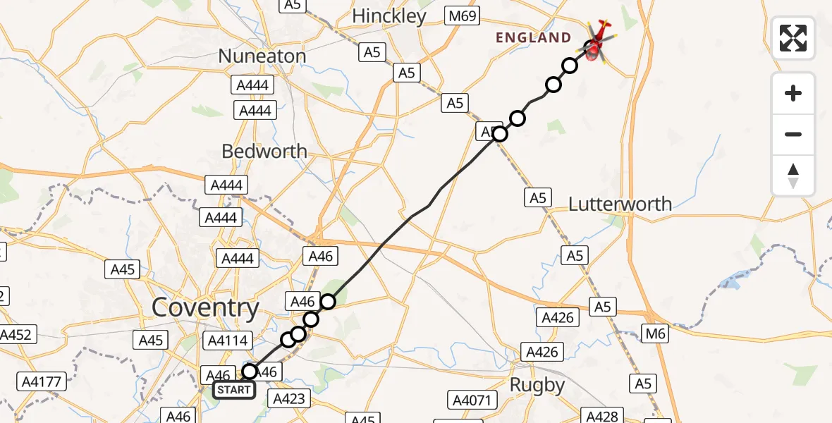 Flight route Air Ambulance Helicopter Coventry Airport - Broughton Astley, 03 August 2026, 17:32