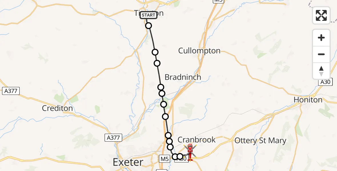 Flight route Air Ambulance Helicopter Tiverton - Exeter International Airport, 03 August 2026, 17:35