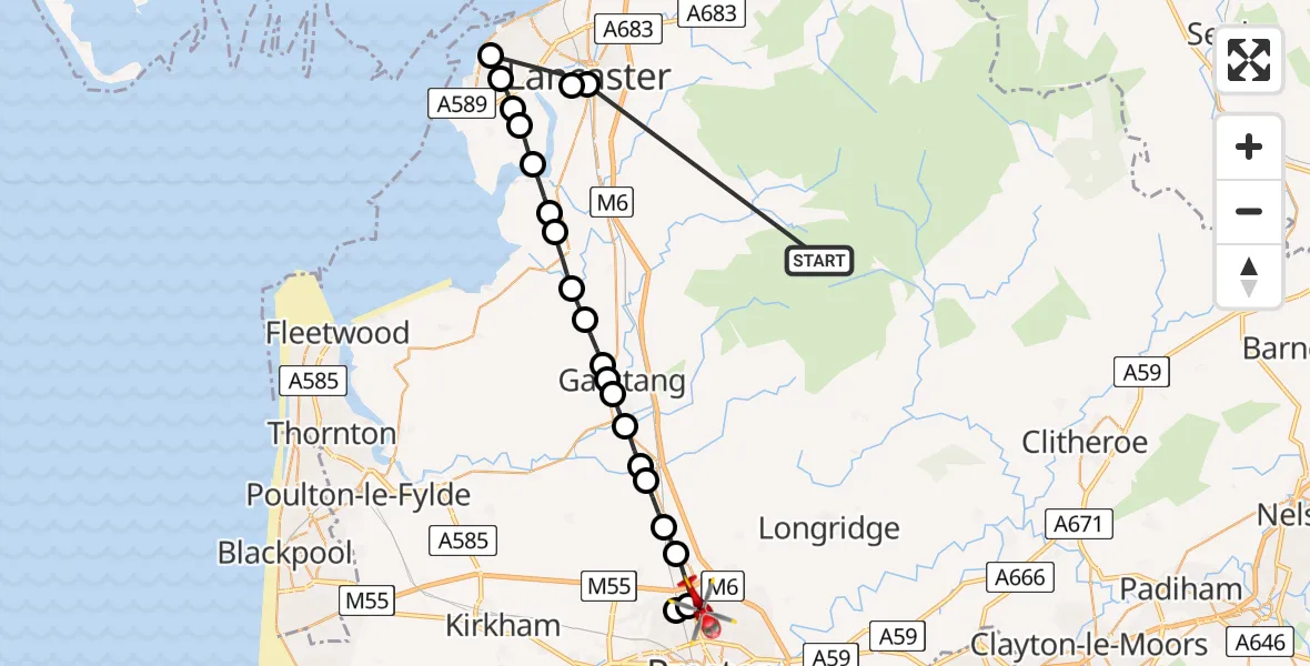 Flight route Air Ambulance Helicopter Lancaster - Broughton, 03 August 2026, 17:43