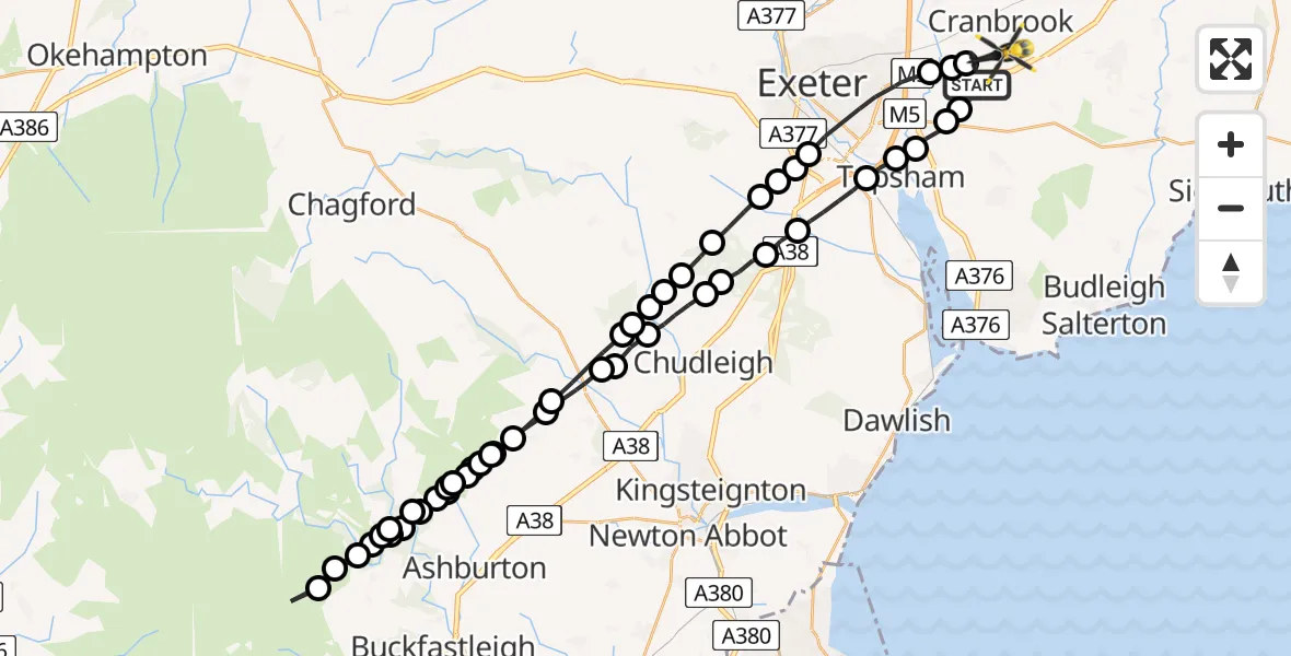 Flight route Police Helicopter East Devon - Exeter International Airport, 03 August 2026, 17:47