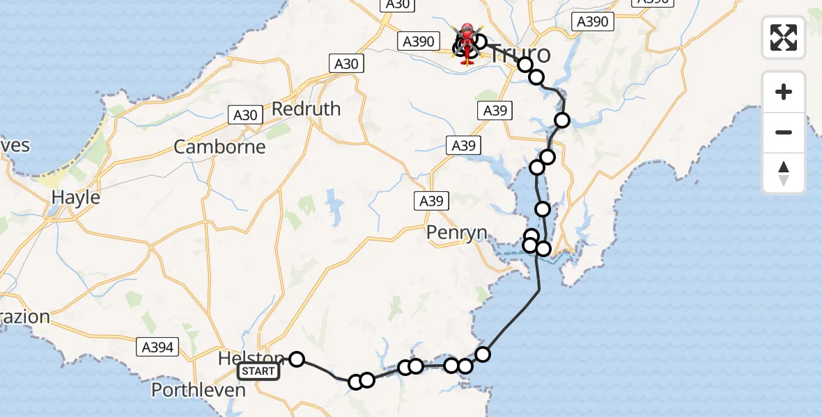 Flight route Air Ambulance Helicopter Helston - Treliske Hospital, 03 August 2026, 18:03