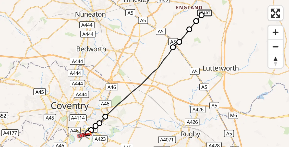 Flight route Air Ambulance Helicopter Broughton Astley - Coventry Airport, 03 August 2026, 18:11