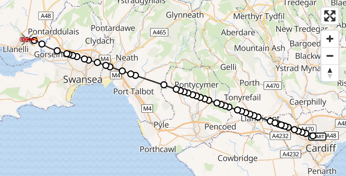 Flight route Air Ambulance Helicopter Birchgrove - Dafen, 03 August 2026, 18:21