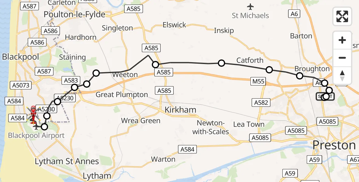 Flight route Air Ambulance Helicopter Royal Preston - Blackpool Airport, 03 August 2026, 18:26