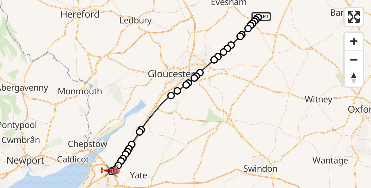 Flight route Air Ambulance Helicopter Chipping Campden - Almondsbury Helicopter Base, 03 August 2026, 18:28