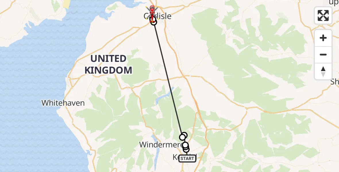 Flight route Air Ambulance Helicopter Kendal - Carlisle, 03 August 2026, 18:30