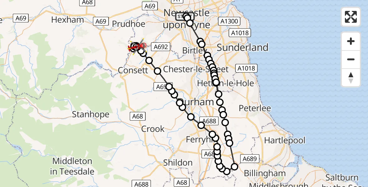 Flight route Air Ambulance Helicopter Newcastle Royal Victoria Infirmary - Gateshead, 03 August 2026, 18:41
