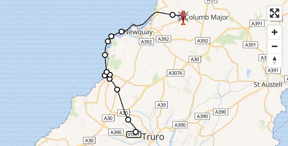 Flight route Air Ambulance Helicopter Treliske Hospital - Cornwall Airport Newquay, 03 August 2026, 19:02