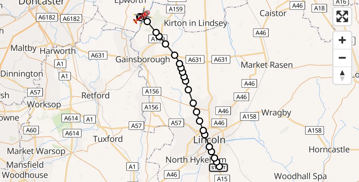 Flight route Air Ambulance Helicopter RAF Waddington - East Ferry, 03 August 2026, 19:05