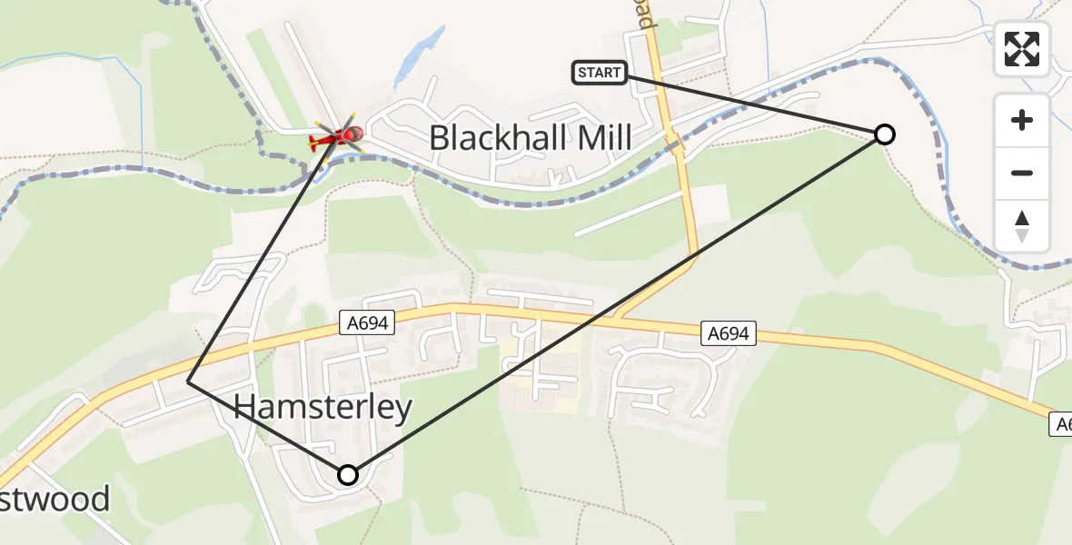 Flight route Air Ambulance Helicopter Gateshead - Gateshead, 03 August 2026, 19:09