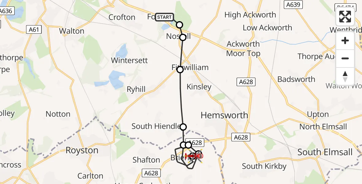Flight route Air Ambulance Helicopter YAA Nostell Helicopter Port - Hemsworth, 03 August 2026, 19:14