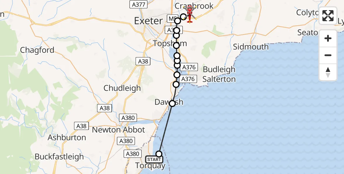 Flight route Air Ambulance Helicopter Torquay - Exeter International Airport, 03 August 2026, 19:33