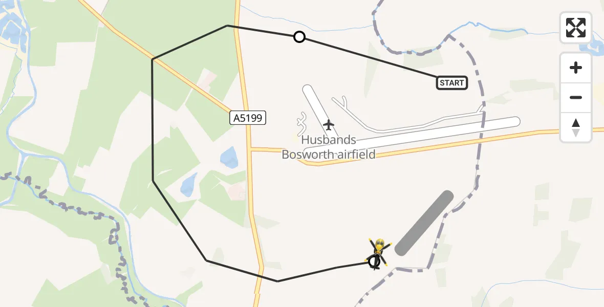 Flight route Police Helicopter Husbands Bosworth Airfield - Welford, 03 August 2026, 19:35
