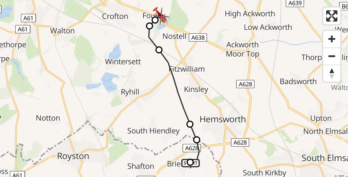 Flight route Air Ambulance Helicopter Barnsley - YAA Nostell Helicopter Port, 03 August 2026, 19:37