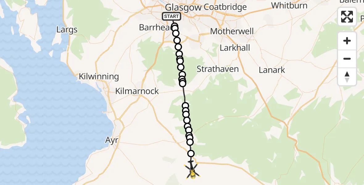 Flight route Police Helicopter Glasgow - New Cumnock, 03 August 2026, 19:37