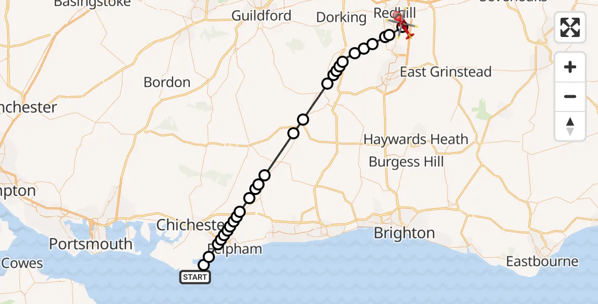 Flight route Air Ambulance Helicopter Selsey - Redhill Aerodrome, 03 August 2026, 19:40