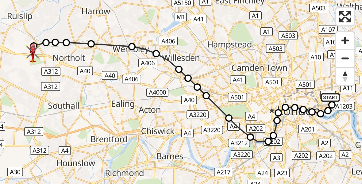 Flight route Air Ambulance Helicopter Royal London Hospital - RAF Northolt, 03 August 2026, 19:51