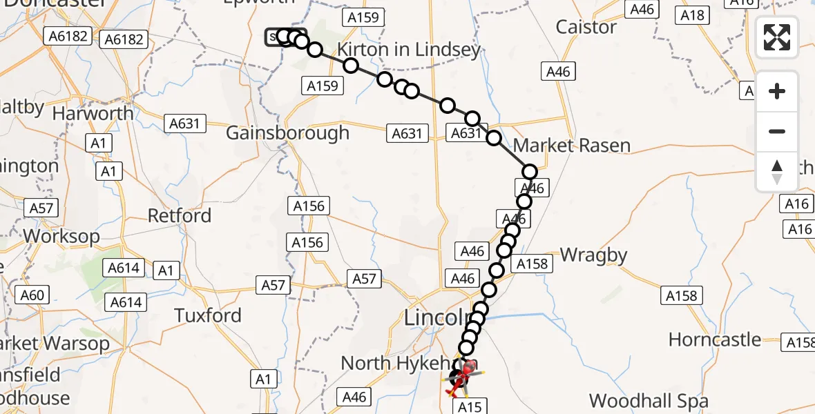 Flight route Air Ambulance Helicopter Owston Ferry - North Kesteven, 03 August 2026, 19:52