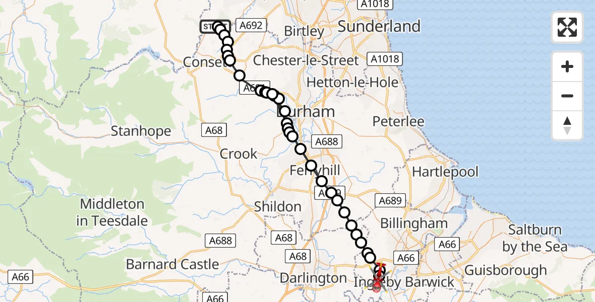 Flight route Air Ambulance Helicopter Gateshead - Egglescliffe, 03 August 2026, 20:11