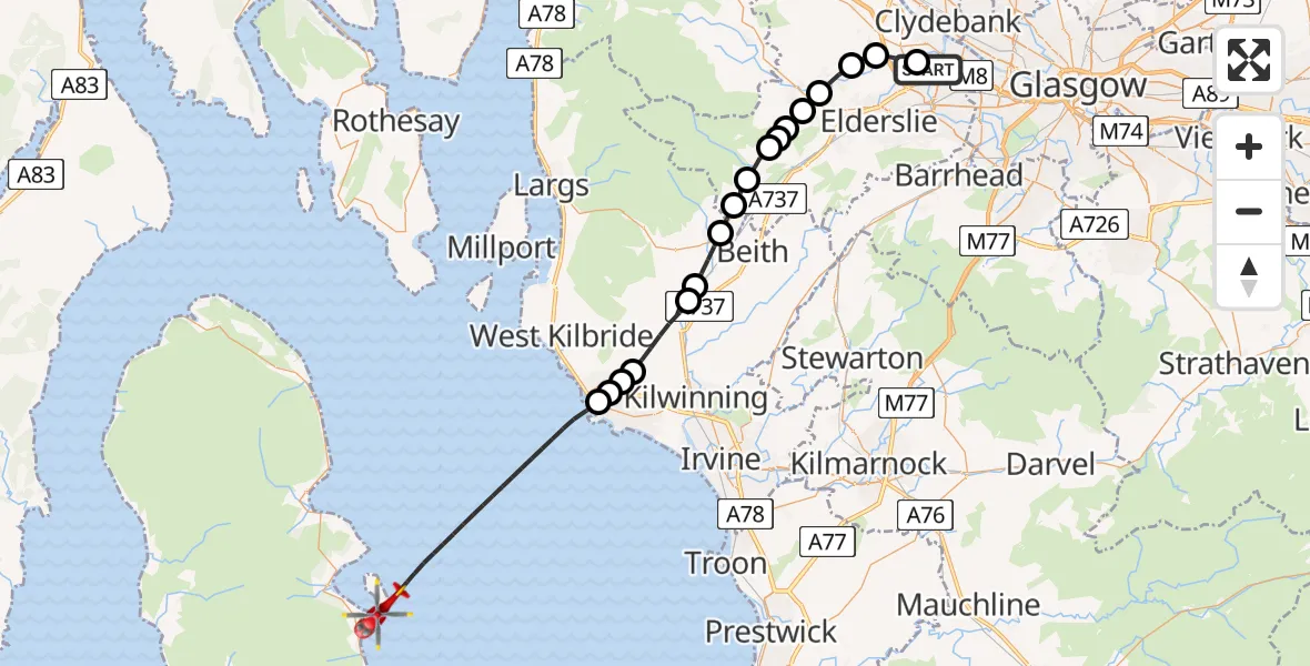Flight route Air Ambulance Helicopter Glasgow Airport - Inner Seas, 03 August 2026, 20:32