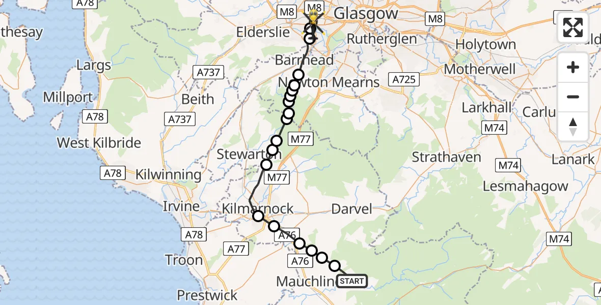 Flight route Police Helicopter Sorn - Paisley, 03 August 2026, 20:36