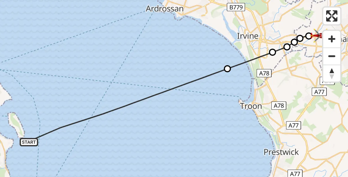 Flight route Air Ambulance Helicopter Inner Seas - Crosshouse University Hospital, 03 August 2026, 21:21