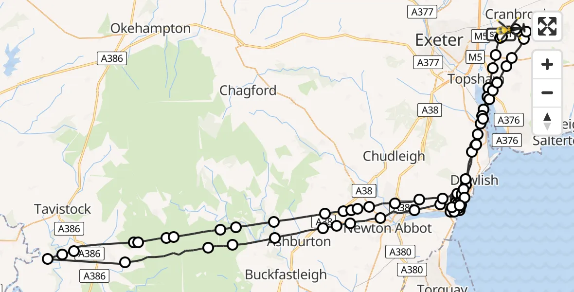 Flight route Police Helicopter Exeter International Airport - Exeter International Airport, 03 August 2026, 21:43