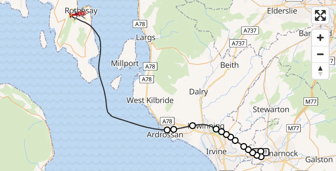 Flight route Air Ambulance Helicopter Crosshouse University Hospital - Inner Seas, 03 August 2026, 21:49