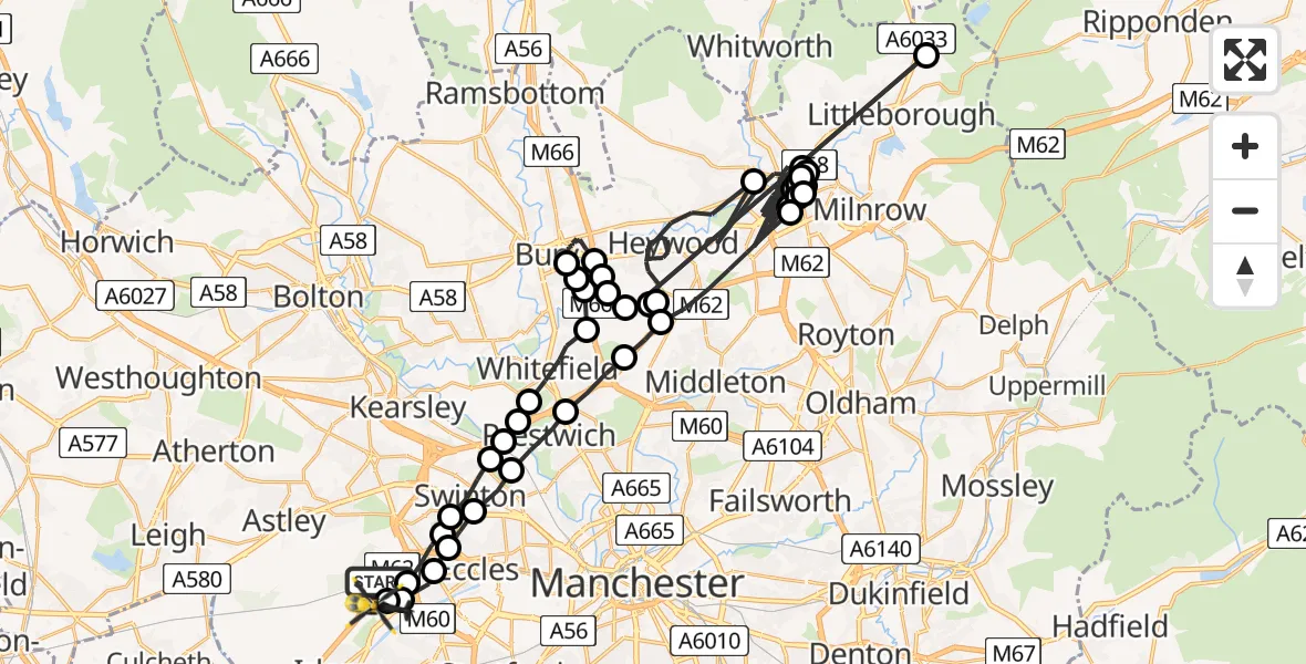 Flight route Police Helicopter Worsley - Manchester Barton Aerodrome, 03 August 2026, 22:23