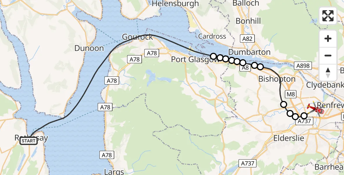 Flight route Air Ambulance Helicopter Inner Seas - Glasgow Airport, 03 August 2026, 22:46