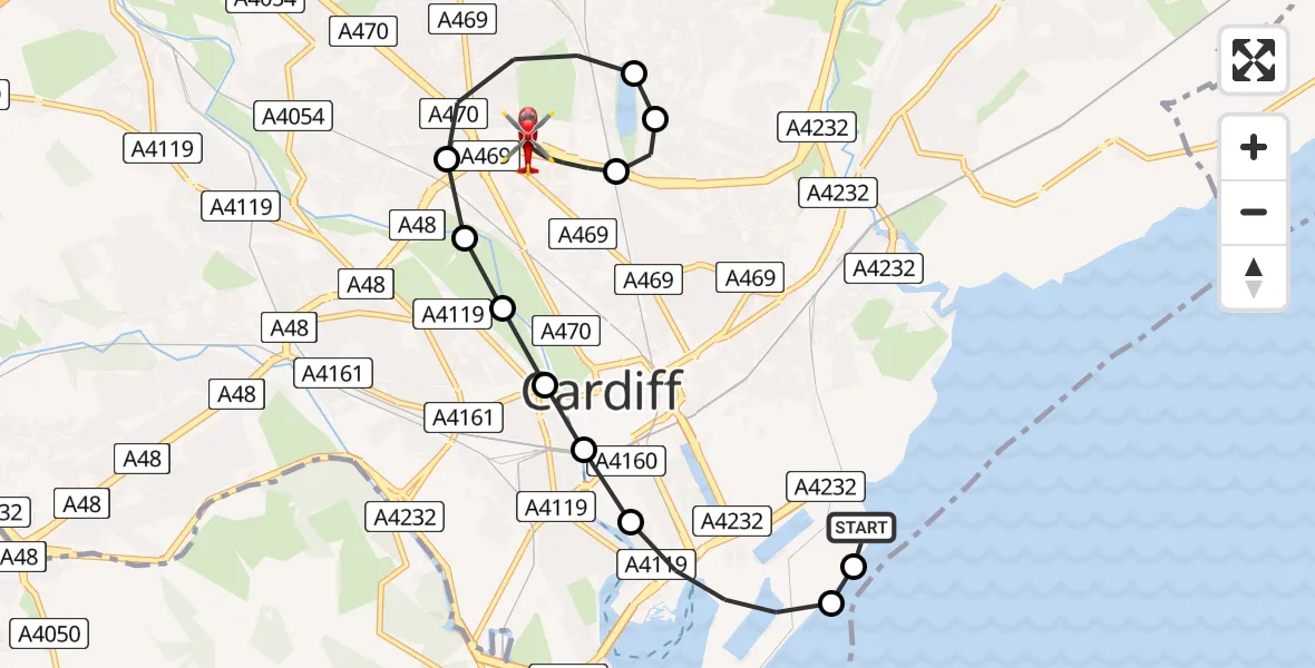Flight route Air Ambulance Helicopter Cardiff Heliport - Birchgrove, 03 August 2026, 23:26