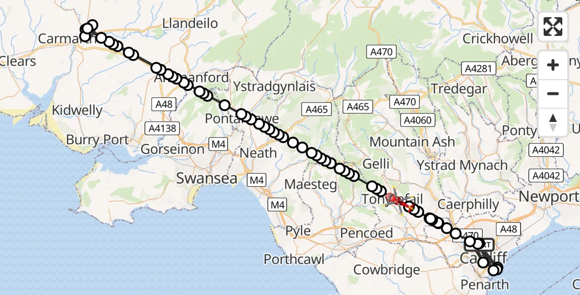 Flight route Air Ambulance Helicopter Birchgrove - Tonyrefail, 03 August 2026, 23:51