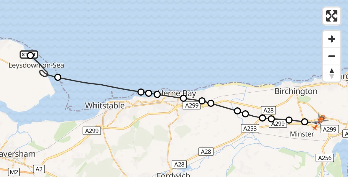 Flight route Coastguard Helicopter Warden - Manston Airport, 04 August 2026, 00:40