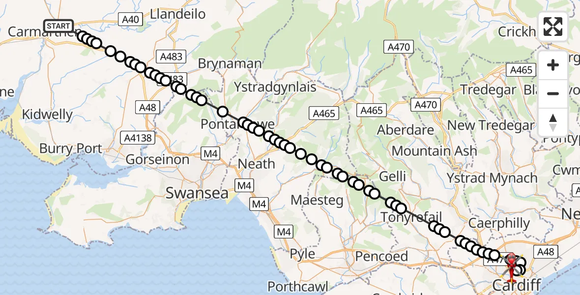 Flight route Air Ambulance Helicopter Abergwili - Birchgrove, 04 August 2026, 01:29