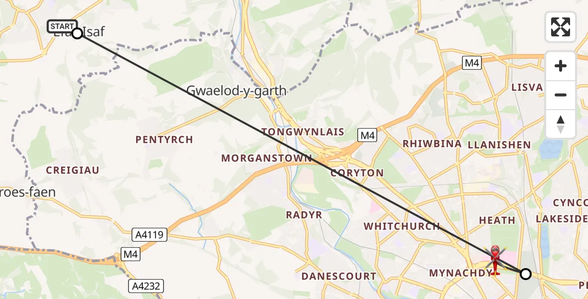 Flight route Air Ambulance Helicopter Efail Isaf - Birchgrove, 04 August 2026, 02:00