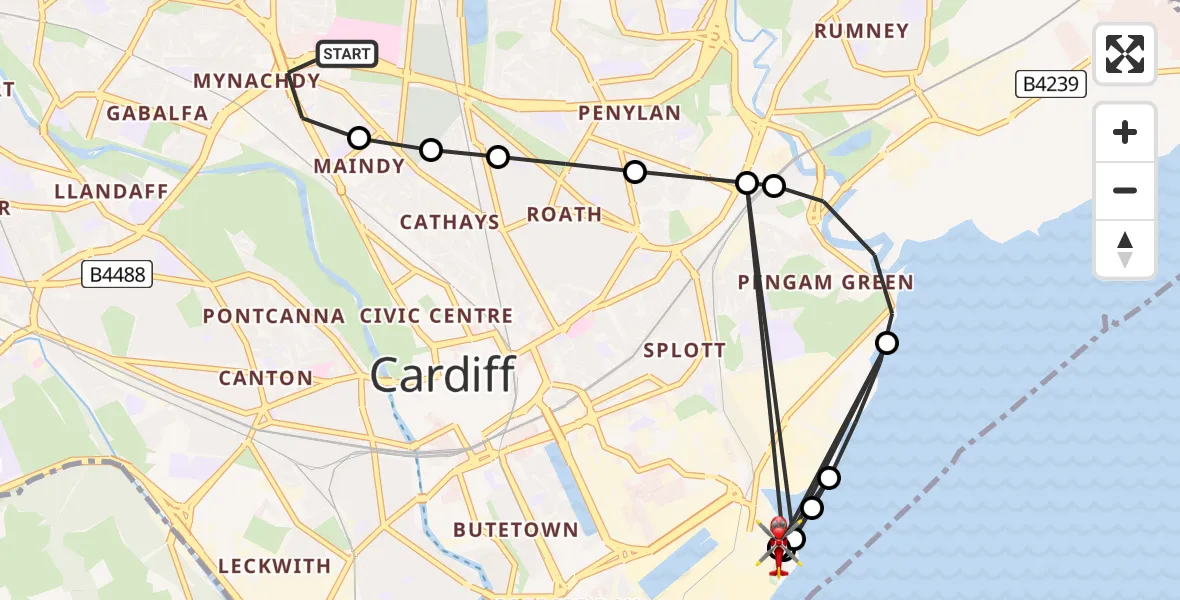 Flight route Air Ambulance Helicopter Birchgrove - Cardiff Heliport, 04 August 2026, 02:08