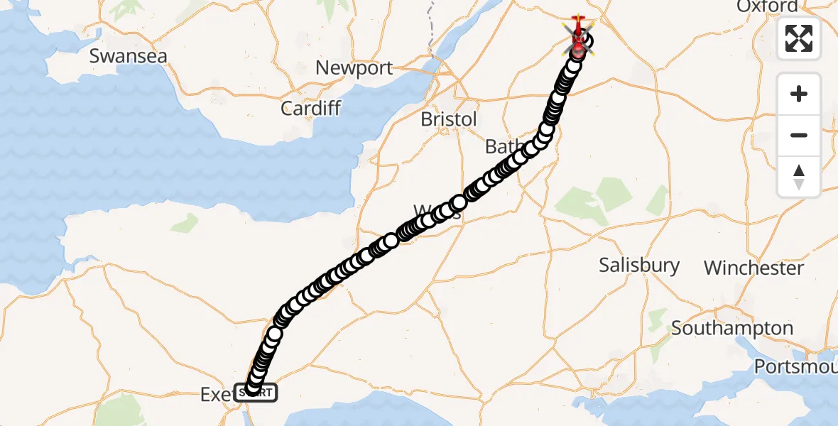 Flight route Air Ambulance Helicopter Exeter International Airport - Cotswold Airport, 04 August 2026, 06:50
