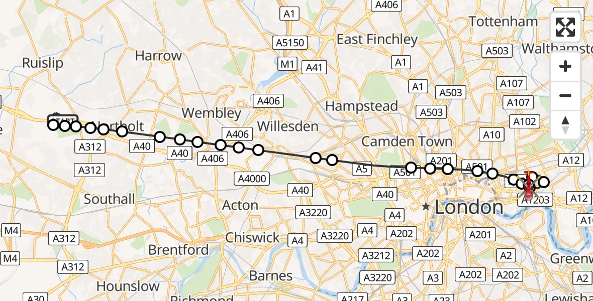 Flight route Air Ambulance Helicopter RAF Northolt - Limehouse, 04 August 2026, 07:25