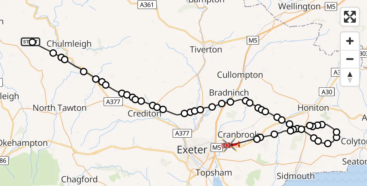 Flight route Air Ambulance Helicopter Riddlecombe - Exeter International Airport, 04 August 2026, 07:29