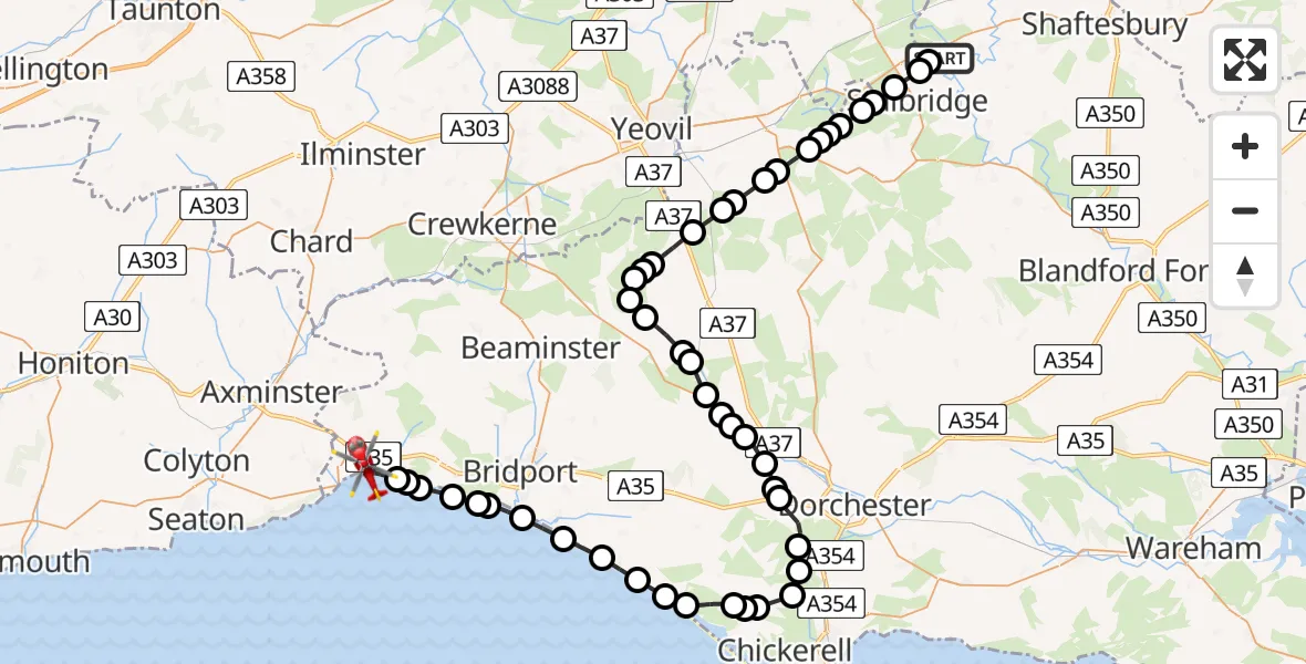 Flight route Air Ambulance Helicopter Henstridge Airfield - Charmouth, 04 August 2026, 07:51