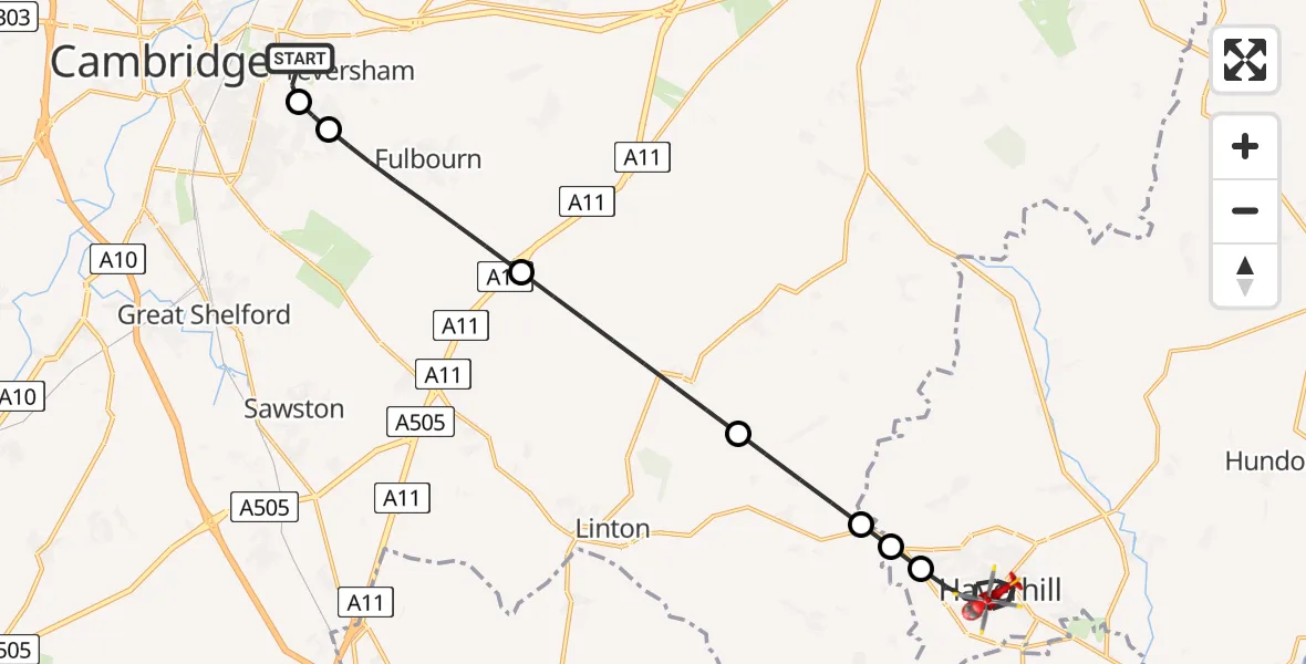 Flight route Air Ambulance Helicopter Cambridge City Airport - Haverhill, 04 August 2026, 07:52