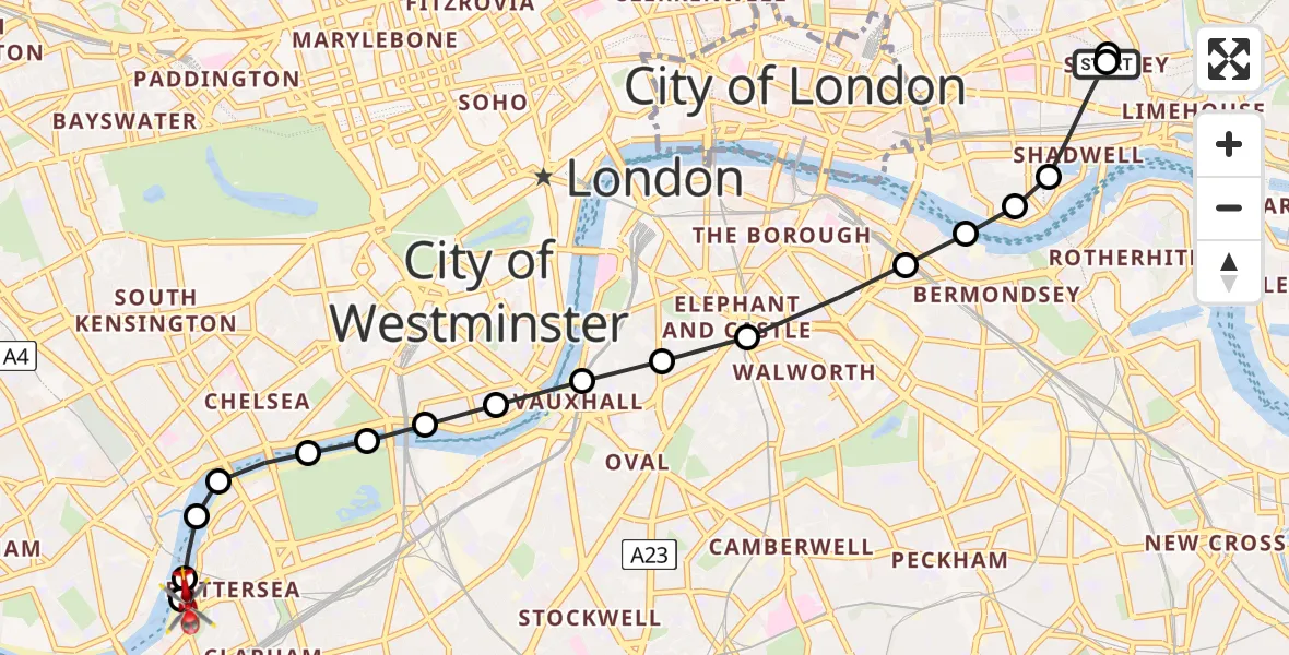 Flight route Air Ambulance Helicopter Stepney - London Heliport, 04 August 2026, 08:01