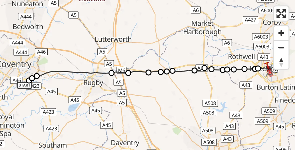 Flight route Air Ambulance Helicopter Coventry Airport - Kettering, 04 August 2026, 08:36