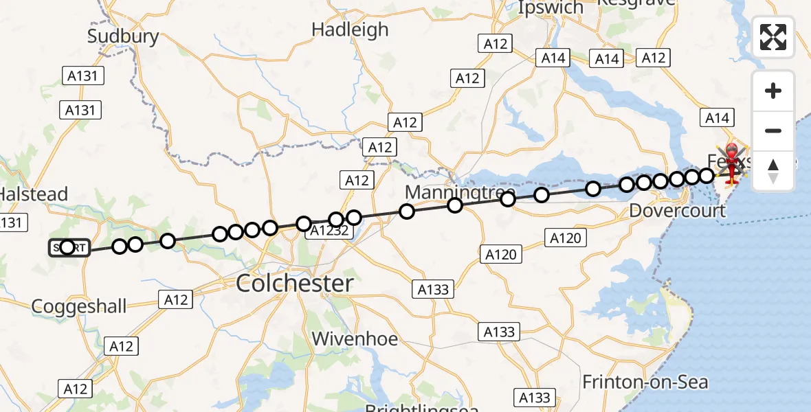 Flight route Air Ambulance Helicopter Earls Colne Airfield - Felixstowe, 04 August 2026, 08:37