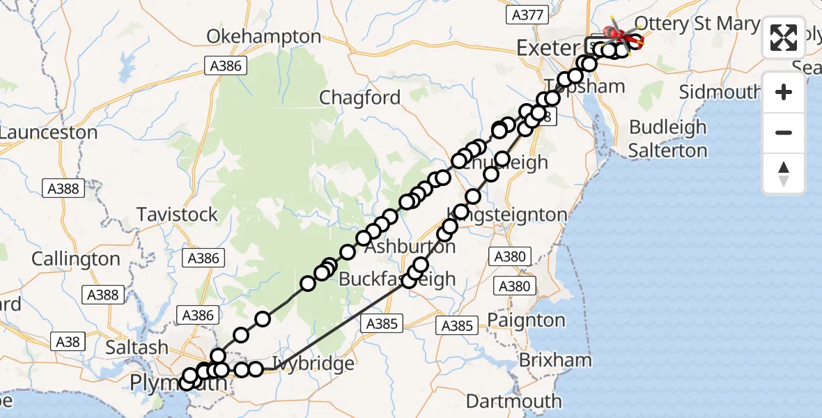 Flight route Air Ambulance Helicopter Exeter International Airport - Exeter International Airport, 04 August 2026, 08:56