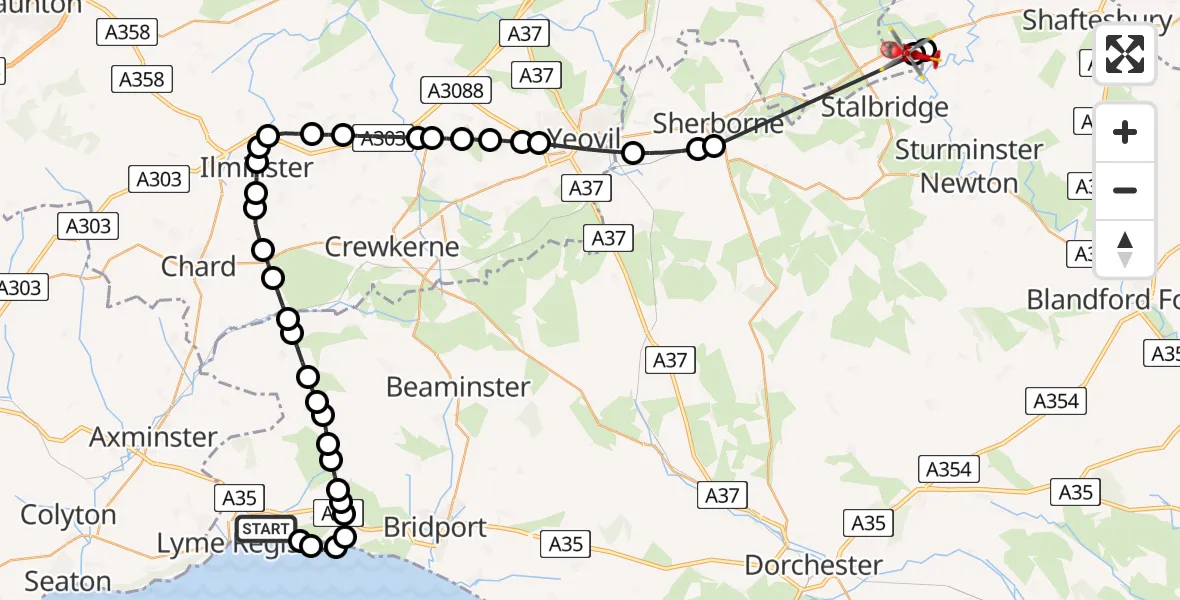 Flight route Air Ambulance Helicopter Charmouth - Henstridge, 04 August 2026, 09:01