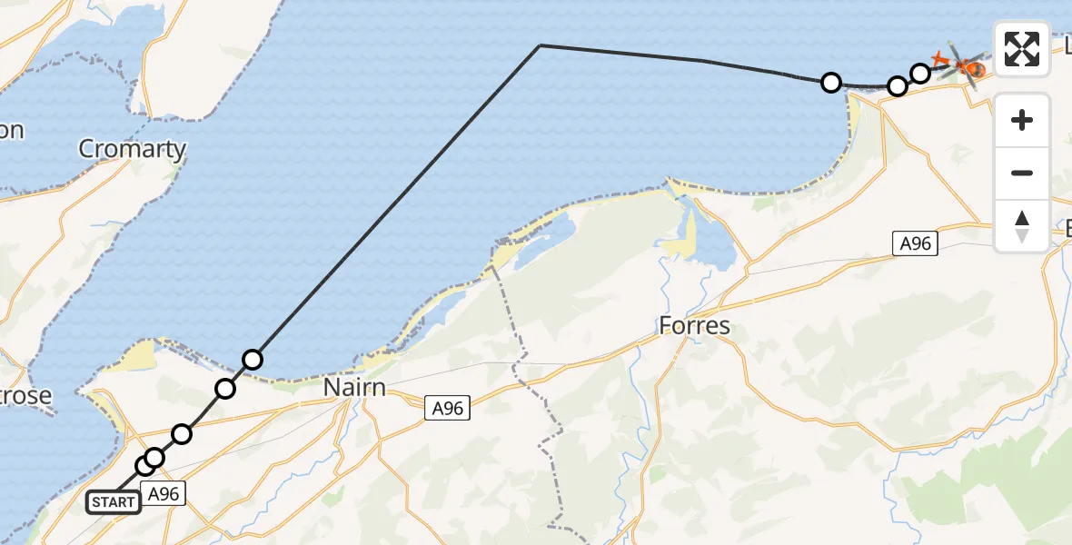 Flight route Coastguard Helicopter Inverness Airport - Hopeman, 04 August 2026, 09:02