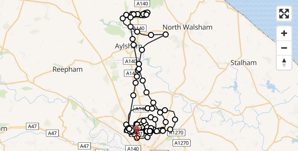 Flight route Air Ambulance Helicopter Norwich Airport - Norwich Airport, 04 August 2026, 09:10