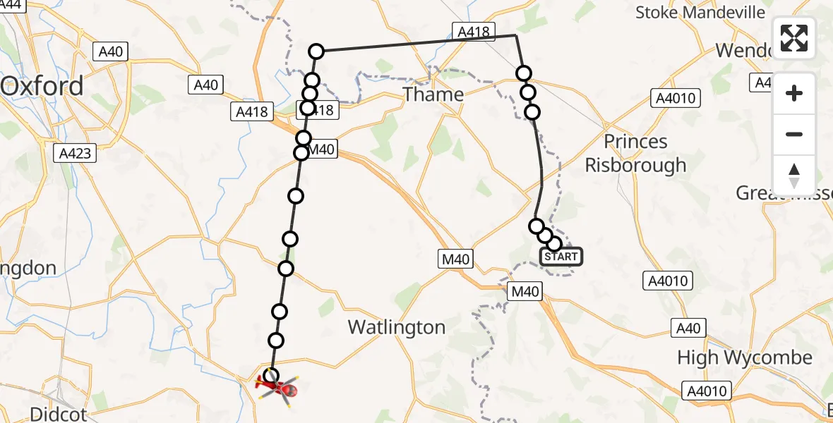 Flight route Air Ambulance Helicopter Chinnor - RAF Benson, 04 August 2026, 09:13