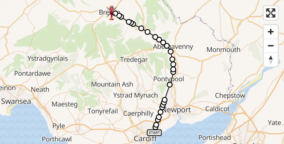 Flight route Air Ambulance Helicopter Rumney - Brecon, 04 August 2026, 09:22